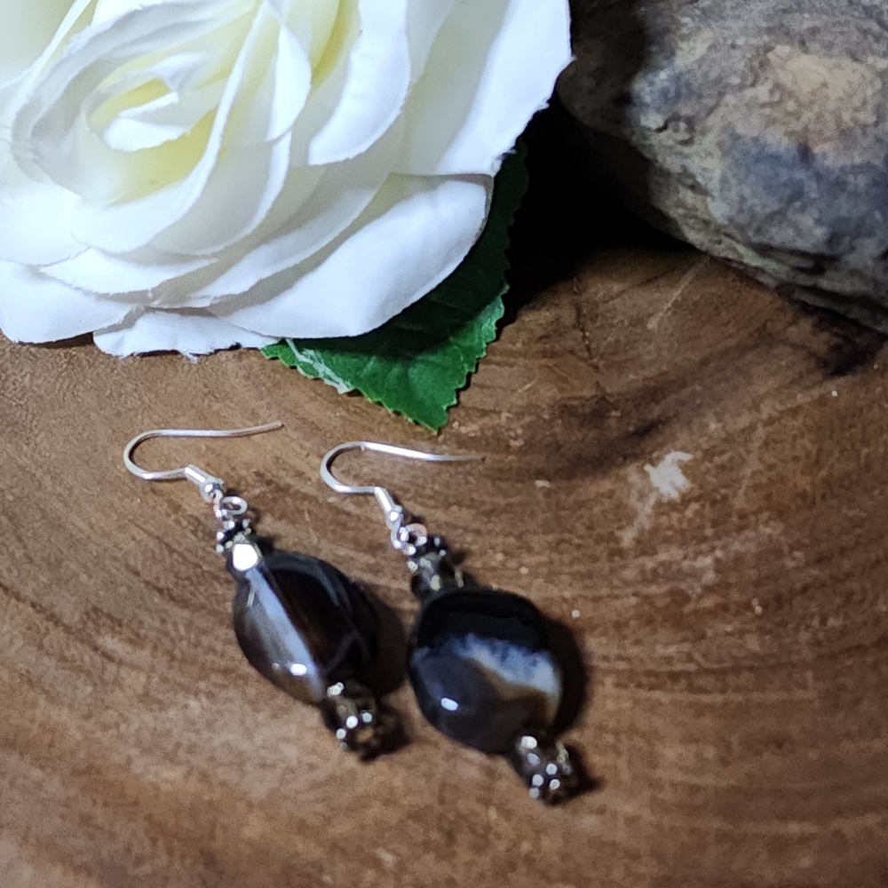 Hand Crafted Earrings with Striped Agate & Faceted Crystal Beads